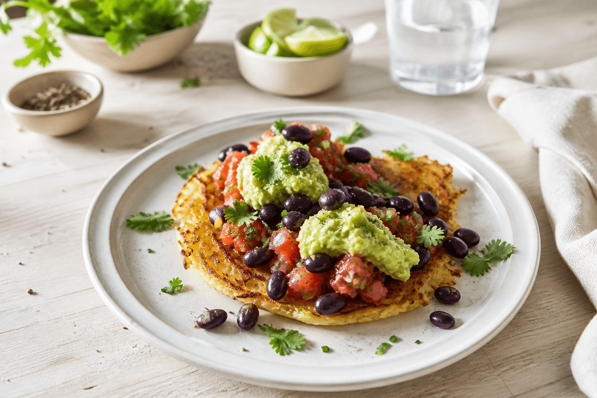Pommes Rösti med mexicansk inspireret fyld anrettet i Madblikkets lyse nordiske billedstil med rettens vigtigste råvarer tydeligt synlige