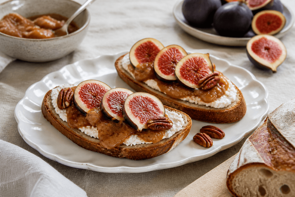 Ristet brød med figner, ricotta og æblekompot anrettet i Madblikkets lyse nordiske billedstil med rettens vigtigste råvarer tydeligt synlige