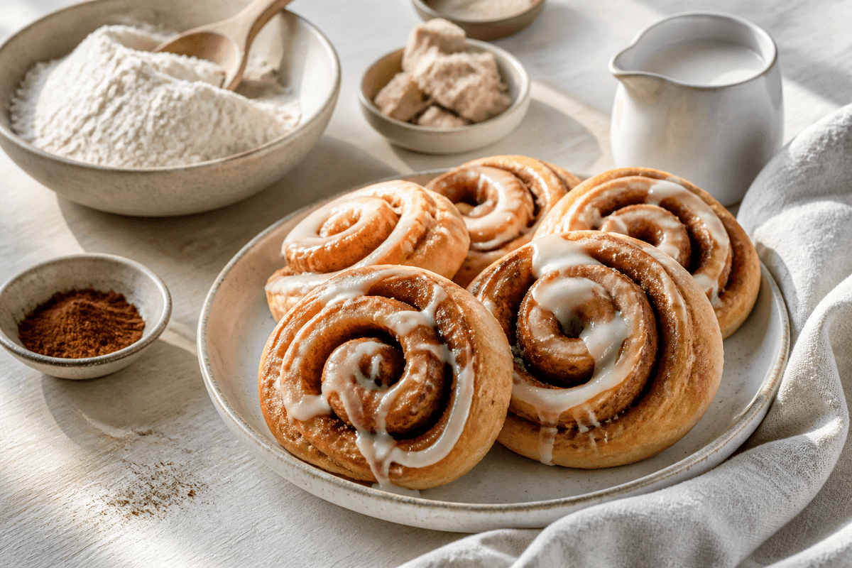 Kanelsnegle med glasur anrettet i Madblikkets lyse nordiske billedstil med rettens vigtigste råvarer tydeligt synlige