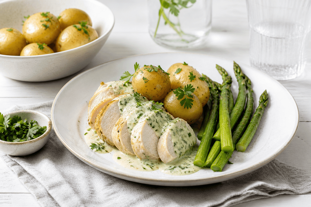 Kyllingebryst med nye kartofler og persillesauce anrettet i Madblikkets lyse nordiske billedstil med rettens vigtigste råvarer tydeligt synlige