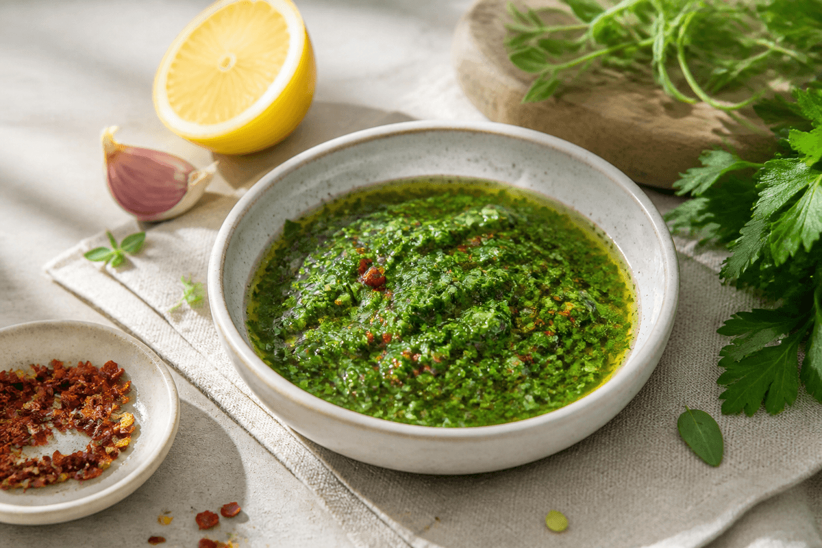 Chimichurri anrettet i Madblikkets lyse nordiske billedstil med rettens vigtigste råvarer tydeligt synlige