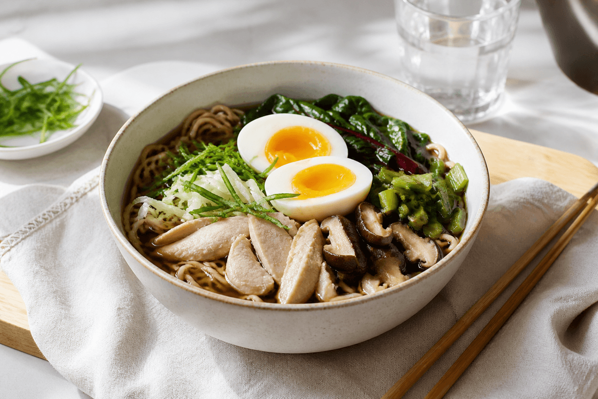 Ramen suppe med kylling og nudler anrettet i Madblikkets lyse nordiske billedstil med rettens vigtigste råvarer tydeligt synlige