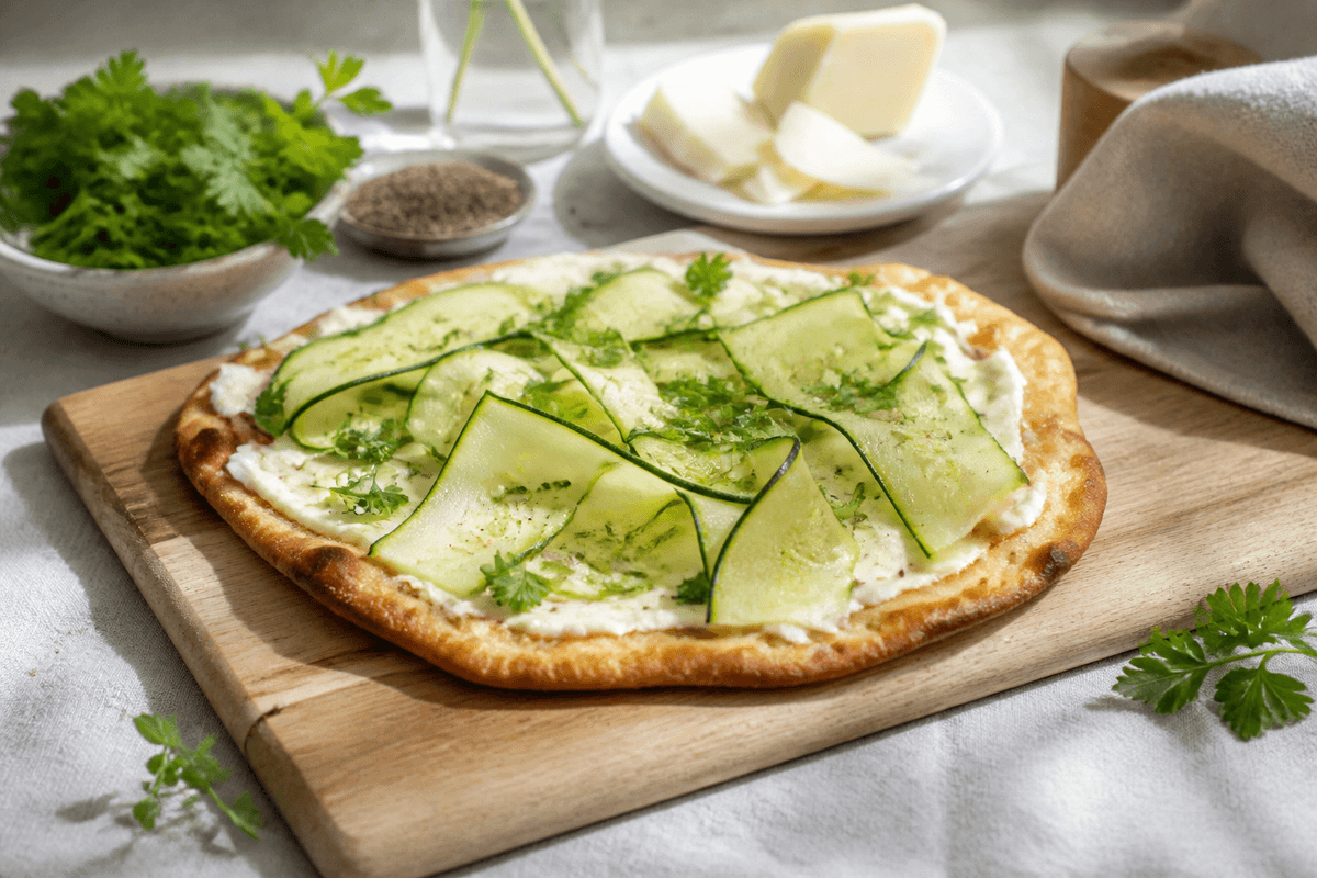 Pizza med squash og rygeost anrettet i Madblikkets lyse nordiske billedstil med rettens vigtigste råvarer tydeligt synlige