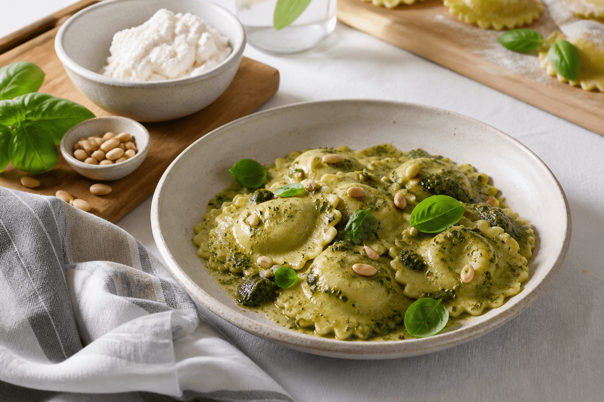 Ravioli med ricotta og basilikum anrettet i Madblikkets lyse nordiske billedstil med rettens vigtigste råvarer tydeligt synlige