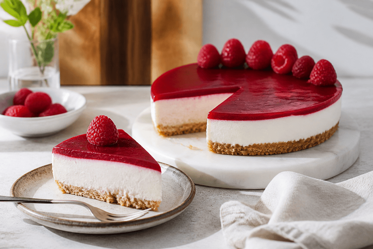 Hindbær cheesecake med klassisk kiksebund anrettet i Madblikkets lyse nordiske billedstil med rettens vigtigste råvarer tydeligt synlige