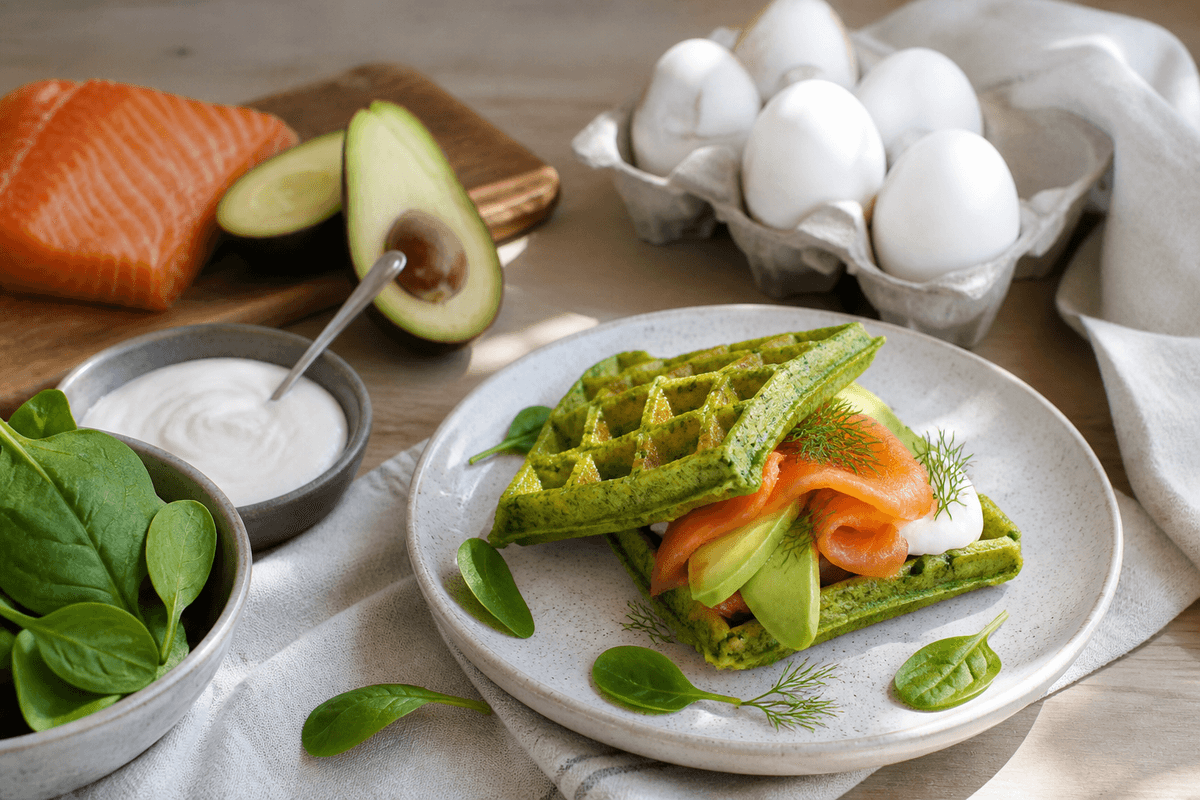 Spinatvafler med røget laks og avocado anrettet i Madblikkets lyse nordiske billedstil med rettens vigtigste råvarer tydeligt synlige