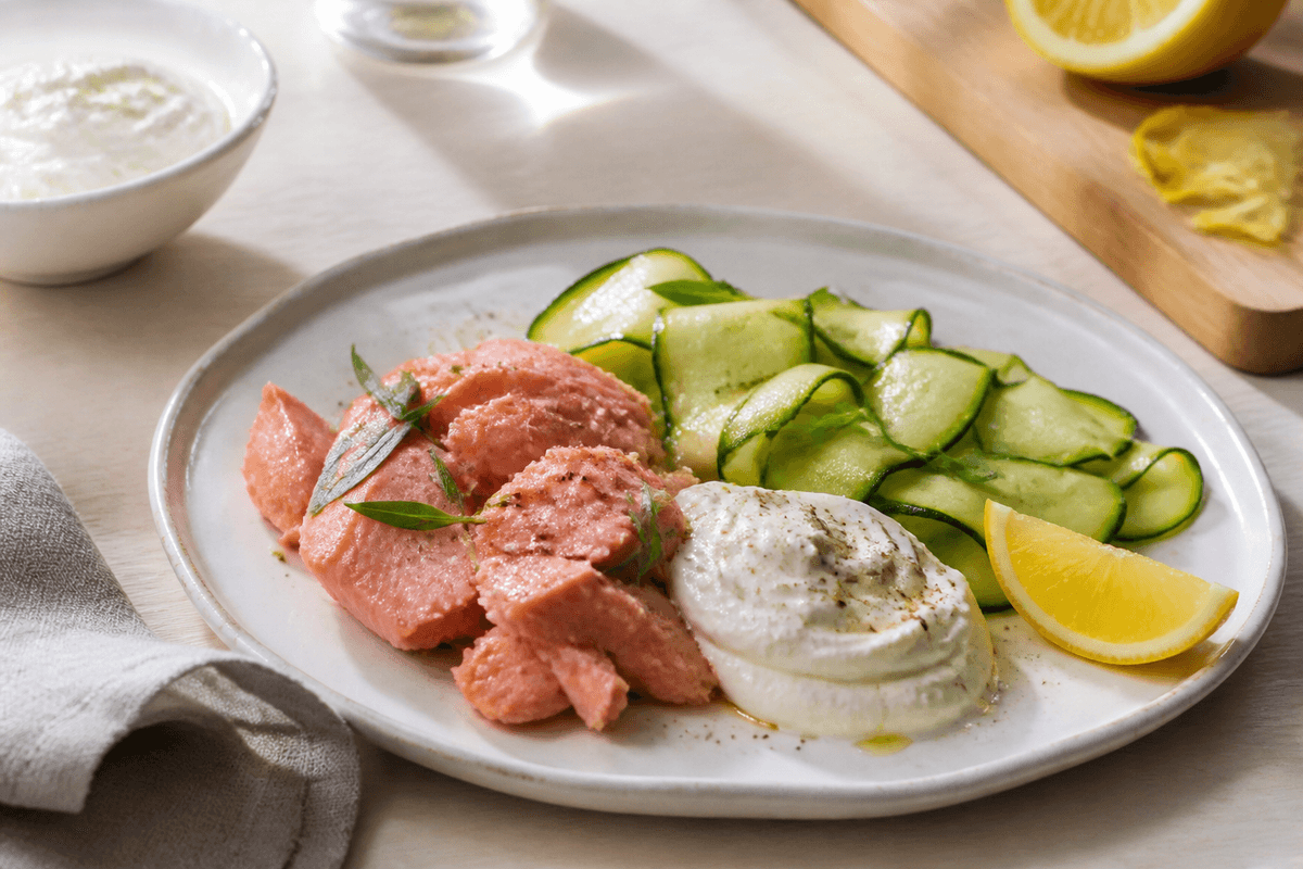 Varmrøget laks med rygeostcreme og squashsalat anrettet i Madblikkets lyse nordiske billedstil med rettens vigtigste råvarer tydeligt synlige
