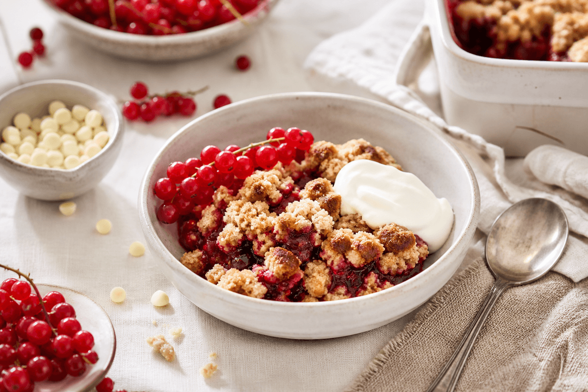 Crumble med ribs og hvid chokolade anrettet i Madblikkets lyse nordiske billedstil med rettens vigtigste råvarer tydeligt synlige