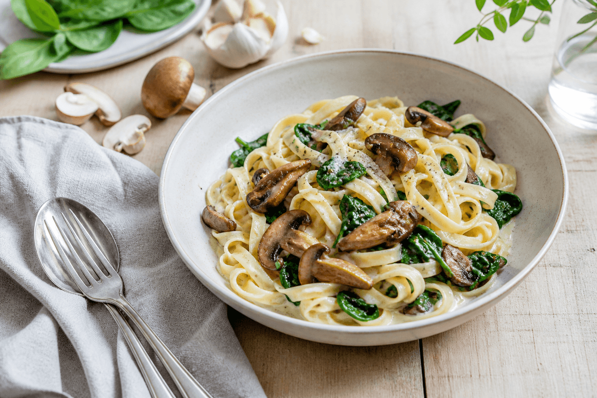 Pasta med svampe og frisk spinat anrettet i Madblikkets lyse nordiske billedstil med rettens vigtigste råvarer tydeligt synlige