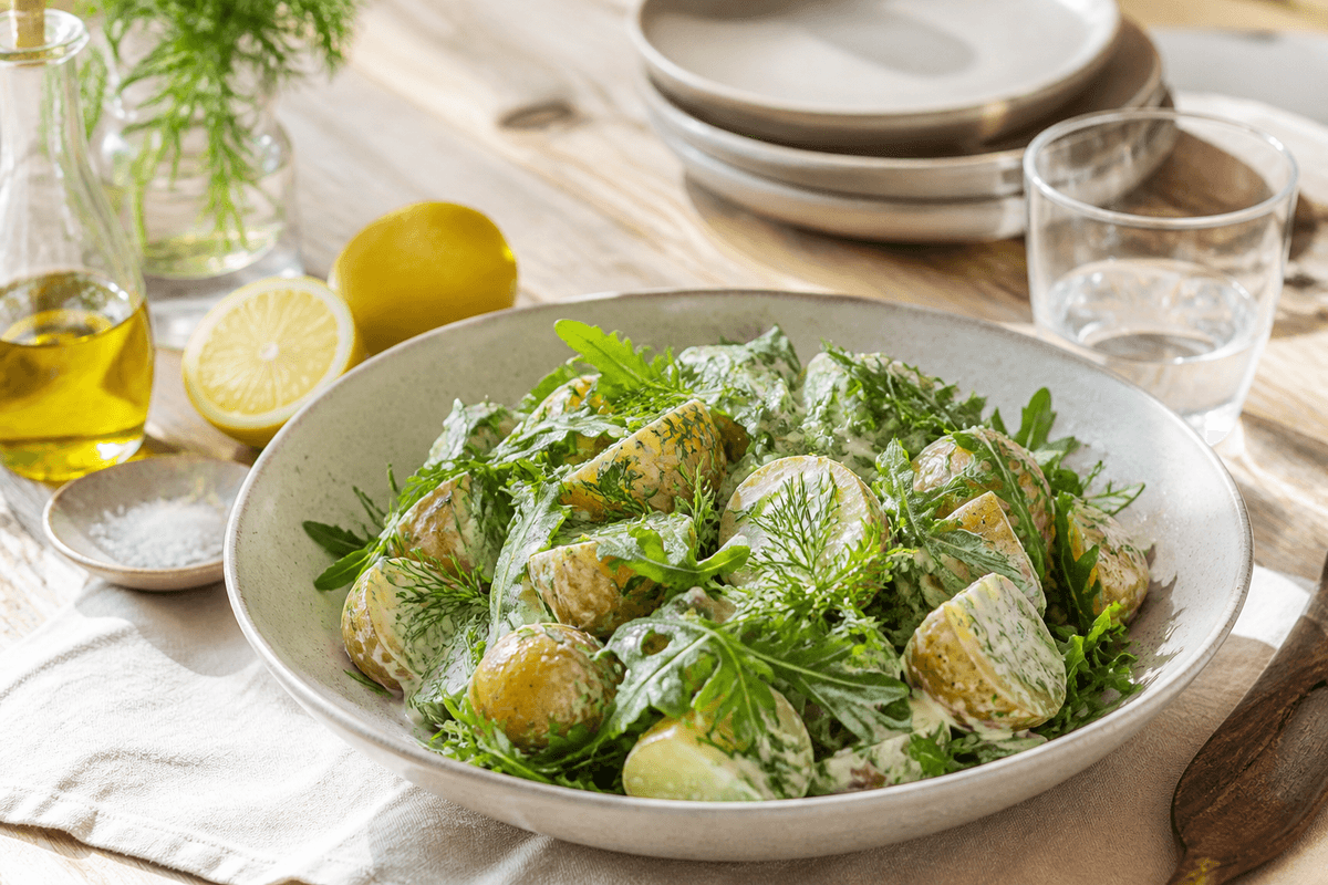 Kartoffelsalat med dild og rucola anrettet i Madblikkets lyse nordiske billedstil med rettens vigtigste råvarer tydeligt synlige