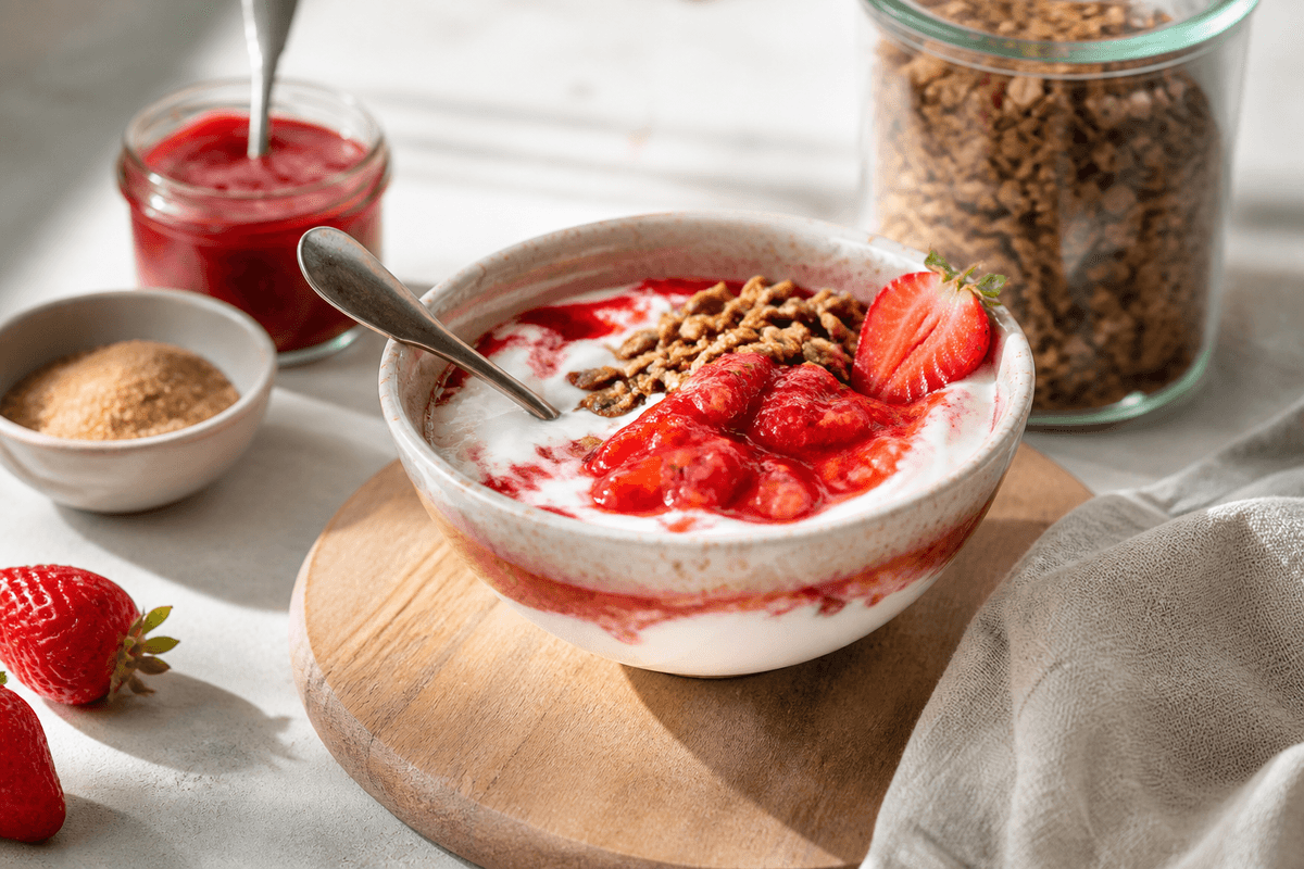 Kefir yoghurt med jordbærkompot anrettet i Madblikkets lyse nordiske billedstil med rettens vigtigste råvarer tydeligt synlige