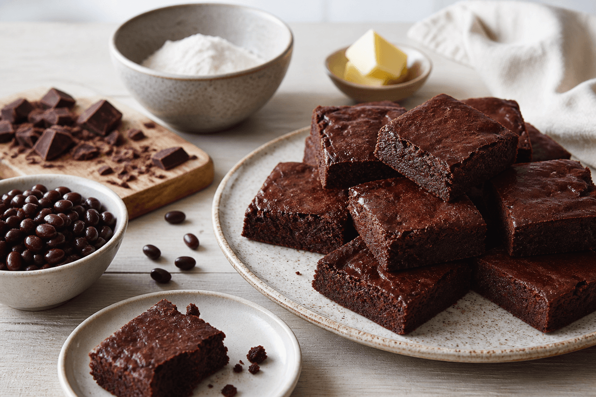 Bønnebrownie med chokolade anrettet i Madblikkets lyse nordiske billedstil med rettens vigtigste råvarer tydeligt synlige