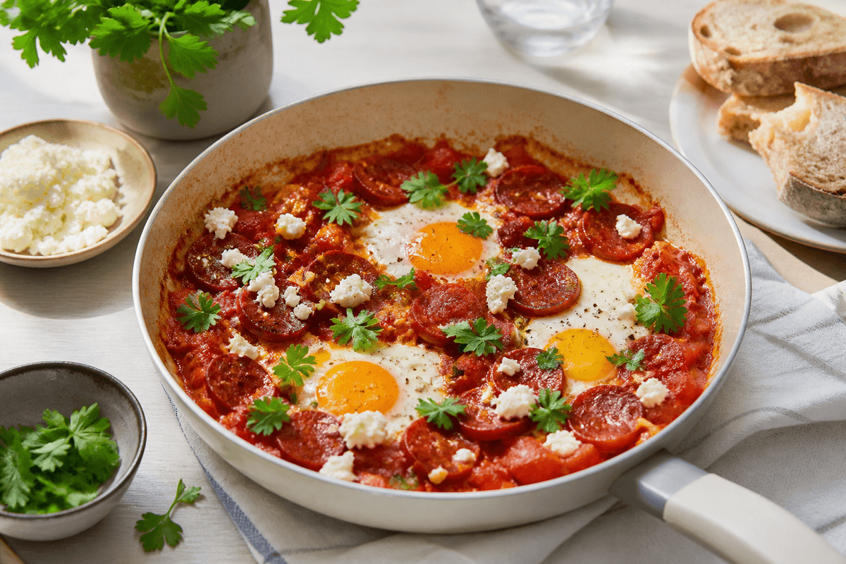 Shakshuka med chorizo anrettet i Madblikkets lyse nordiske billedstil med rettens vigtigste råvarer tydeligt synlige