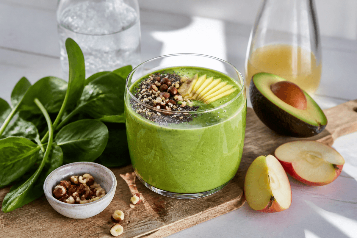 Greenie med spinat og avokado anrettet i Madblikkets lyse nordiske billedstil med rettens vigtigste råvarer tydeligt synlige