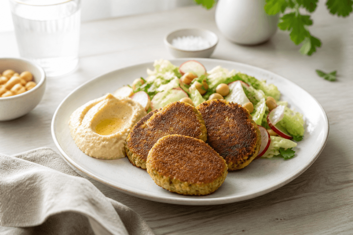 Kikærtefrikadeller med hummus anrettet i Madblikkets lyse nordiske billedstil med rettens vigtigste råvarer tydeligt synlige