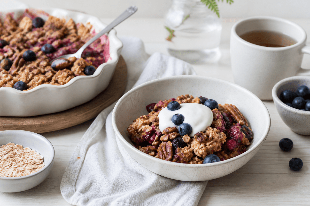 Crumble med bær og havregryn til morgenmad anrettet i Madblikkets lyse nordiske billedstil med rettens vigtigste råvarer tydeligt synlige
