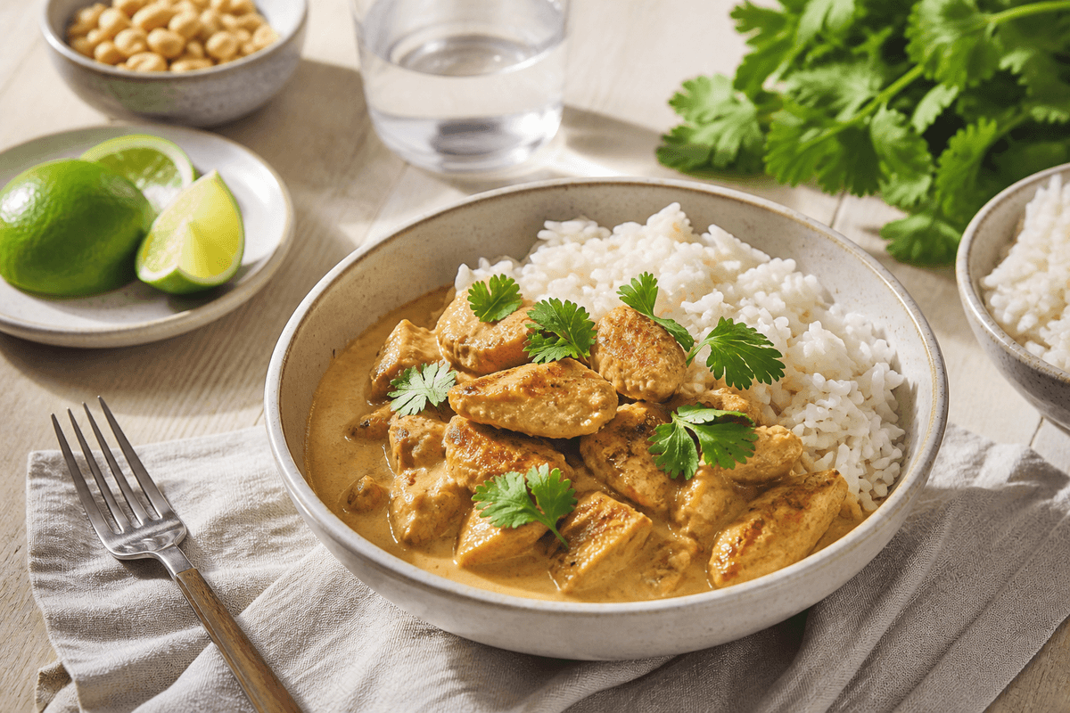Kylling satay sauce anrettet i Madblikkets lyse nordiske billedstil med rettens vigtigste råvarer tydeligt synlige
