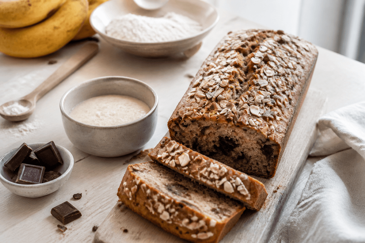 Bananbrød med surdej og chokolade anrettet i Madblikkets lyse nordiske billedstil med rettens vigtigste råvarer tydeligt synlige