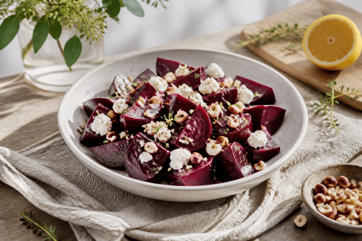 Salat med rødbede, feta og hasselnødder anrettet i Madblikkets lyse nordiske billedstil med rettens vigtigste råvarer tydeligt synlige