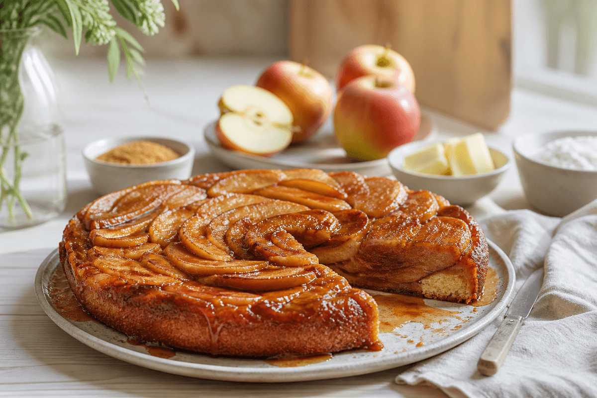 Tarte tatin inspireret kage med karamelliserede æbler anrettet i Madblikkets lyse nordiske billedstil med rettens vigtigste råvarer tydeligt synlige