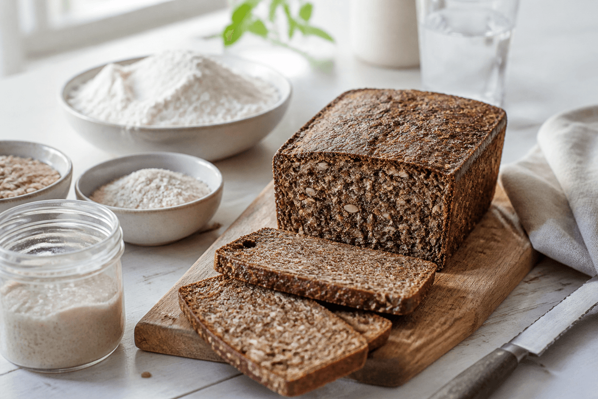 Rugbrød med surdej anrettet i Madblikkets lyse nordiske billedstil med rettens vigtigste råvarer tydeligt synlige