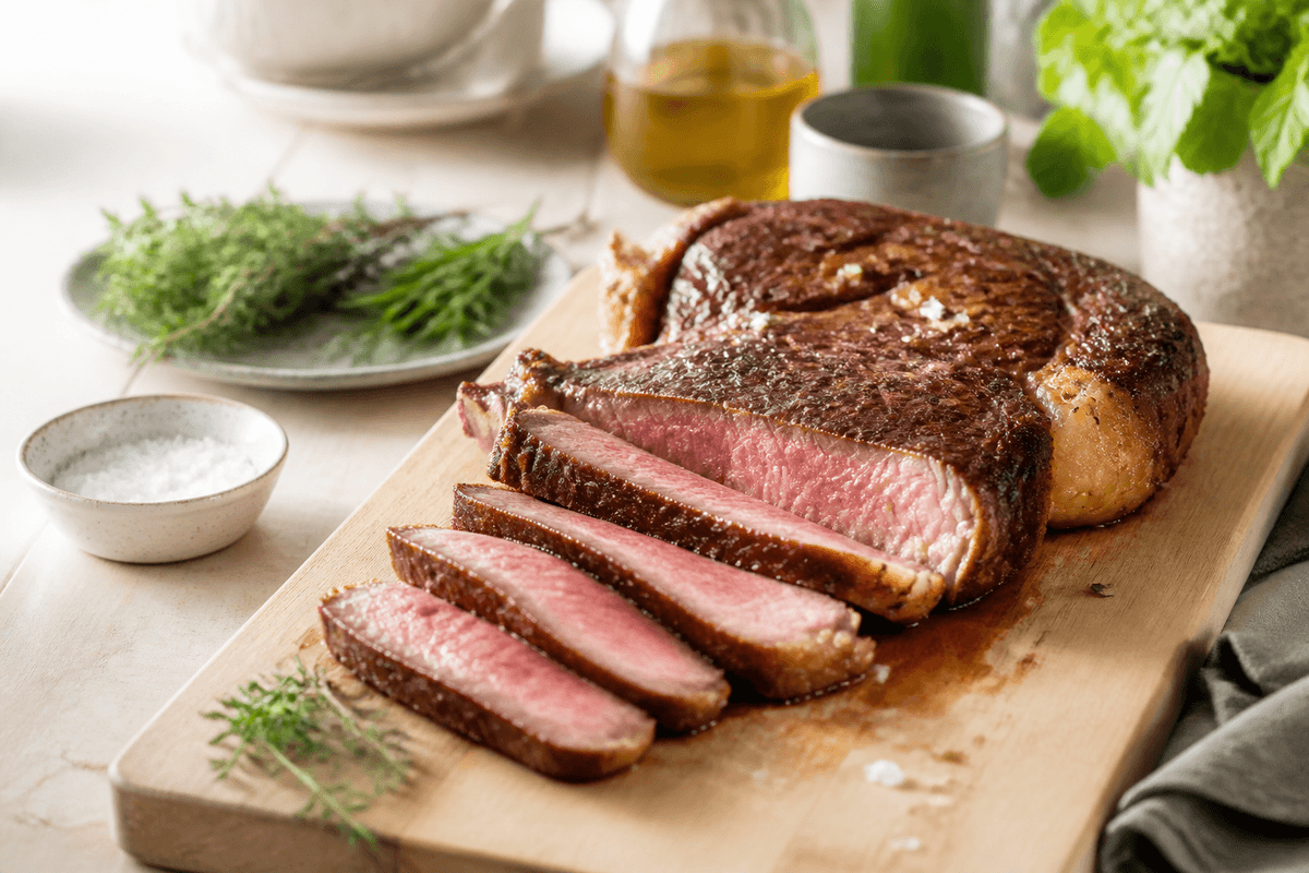 Cote du Boeuf anrettet i Madblikkets lyse nordiske billedstil med rettens vigtigste råvarer tydeligt synlige
