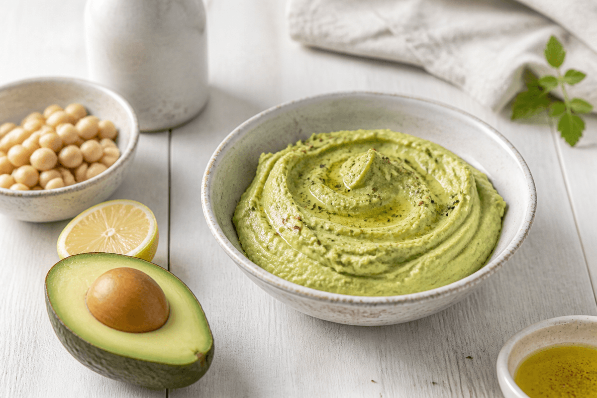 Avocadohummus anrettet i Madblikkets lyse nordiske billedstil med rettens vigtigste råvarer tydeligt synlige