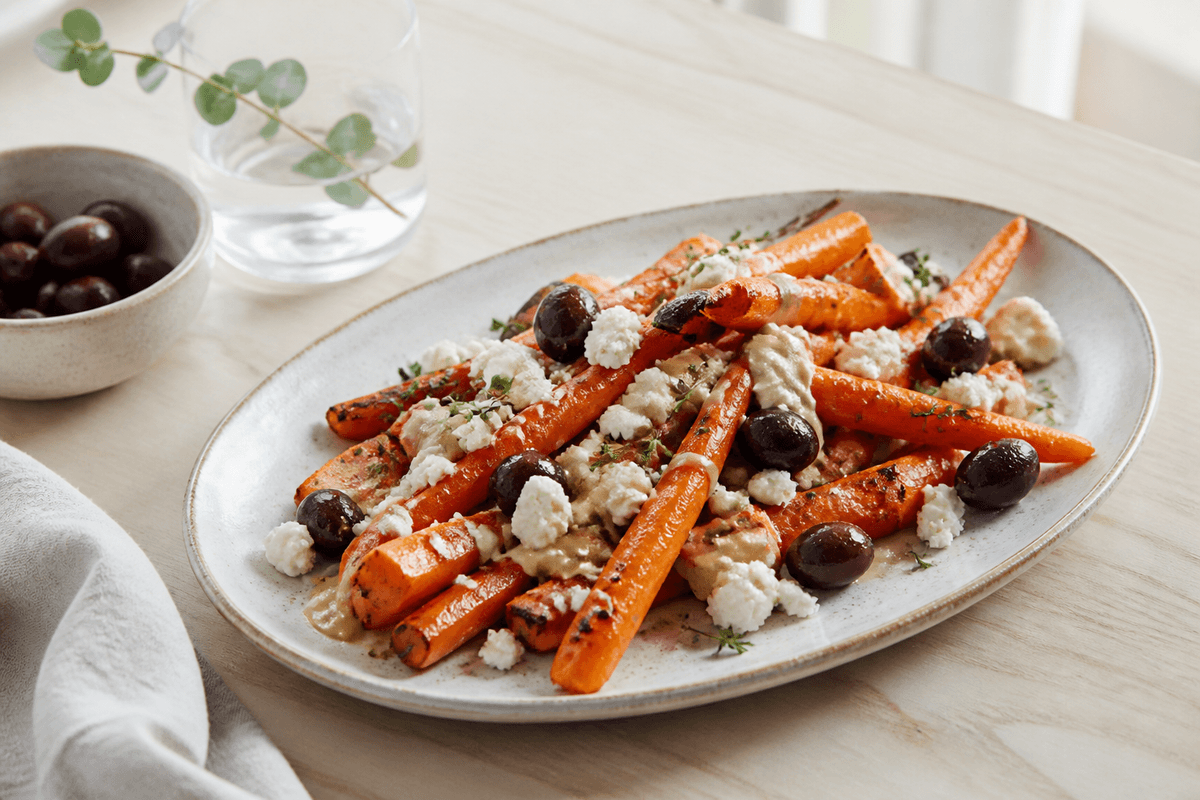 Grillede gulerødder med feta, oliven og tahin anrettet i Madblikkets lyse nordiske billedstil med rettens vigtigste råvarer tydeligt synlige