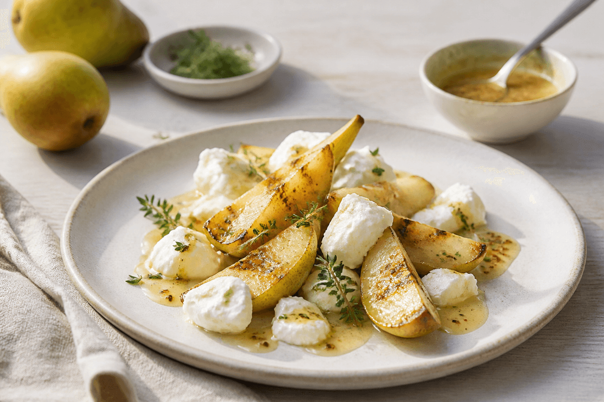 Grillede pærer med gedeost og sennepsvinaigrette anrettet i Madblikkets lyse nordiske billedstil med rettens vigtigste råvarer tydeligt synlige