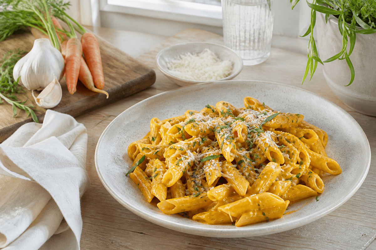 Pasta gulerodssauce med estragon anrettet i Madblikkets lyse nordiske billedstil med rettens vigtigste råvarer tydeligt synlige