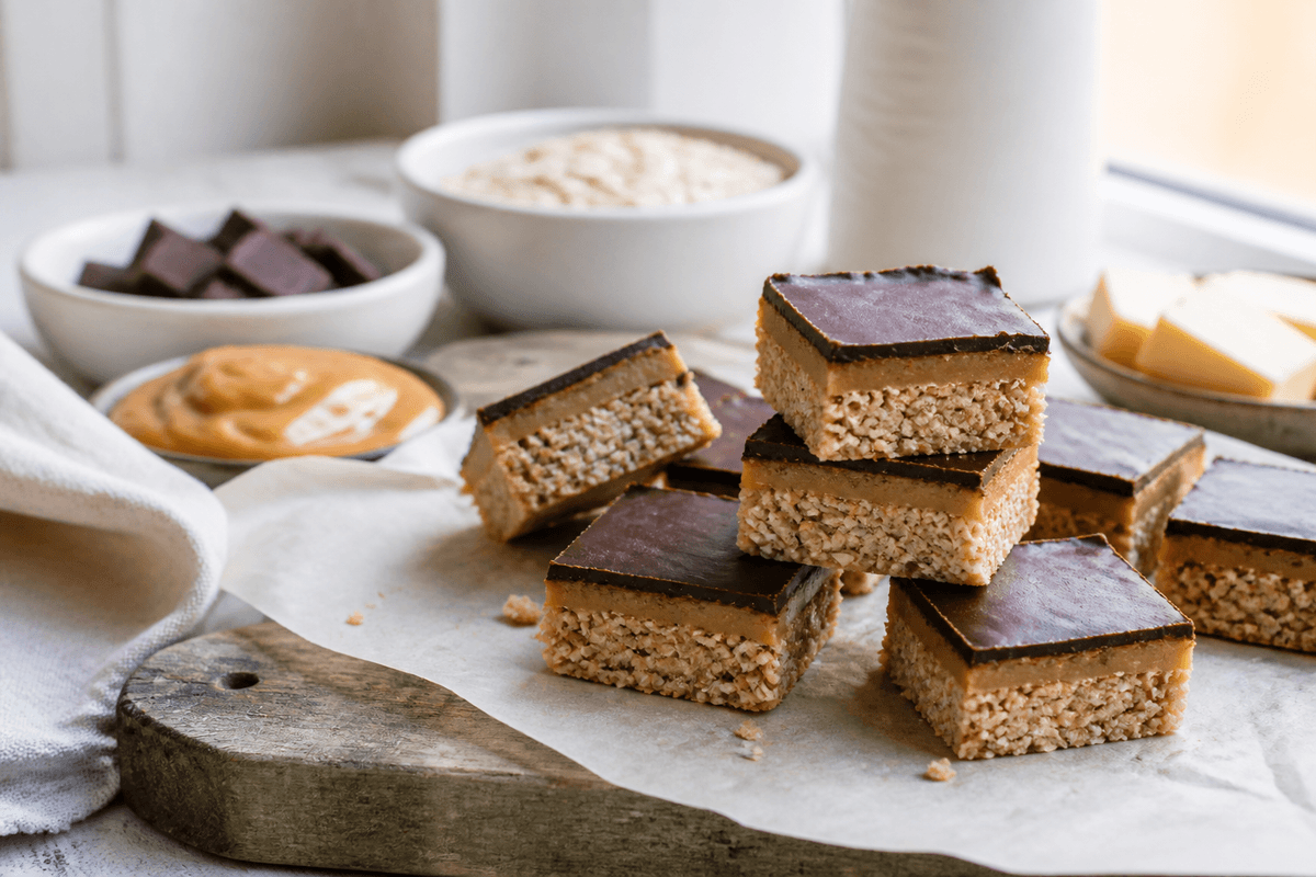 Karamelsnitter med chokolade anrettet i Madblikkets lyse nordiske billedstil med rettens vigtigste råvarer tydeligt synlige