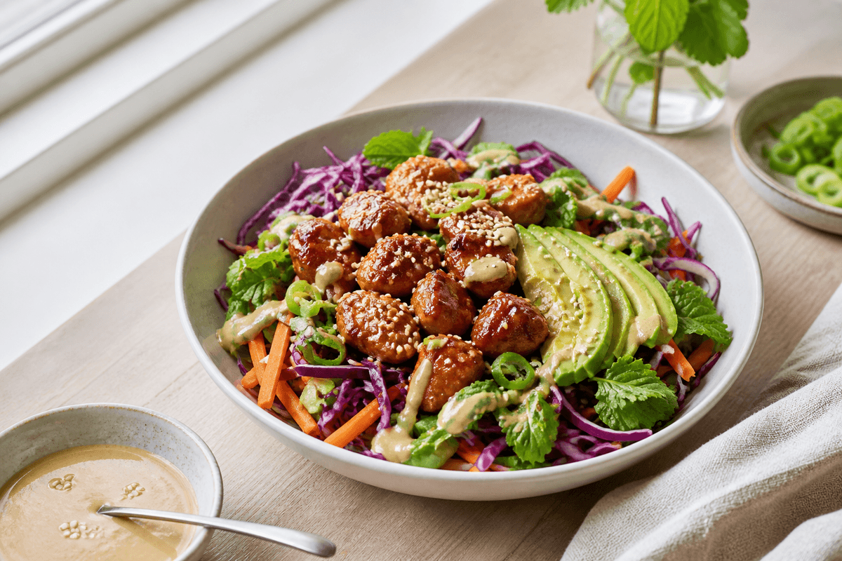 Asiatisk salat med soyamarinerede kylling og gomadressing anrettet i Madblikkets lyse nordiske billedstil med rettens vigtigste råvarer tydeligt synlige