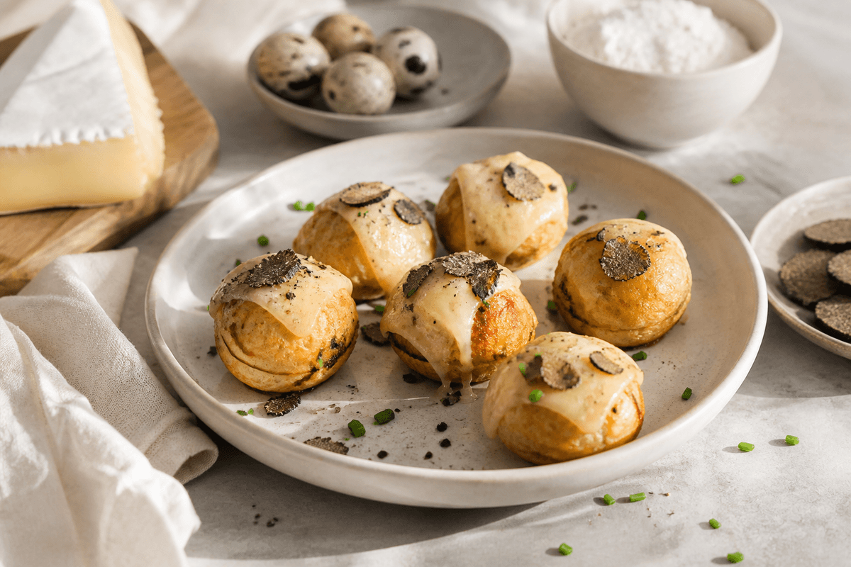 Salte æbleskiver med brie og trøffel anrettet i Madblikkets lyse nordiske billedstil med rettens vigtigste råvarer tydeligt synlige