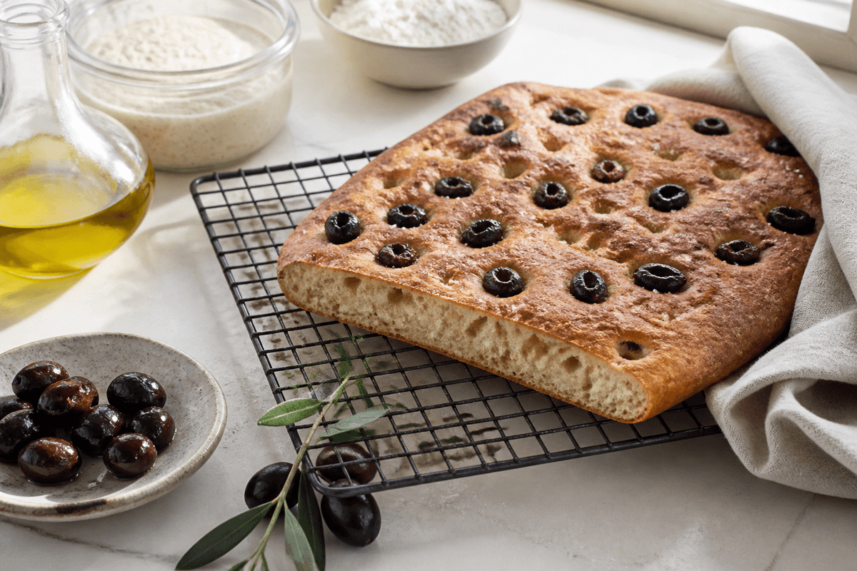 Foccacia med surdej og oliven anrettet i Madblikkets lyse nordiske billedstil med rettens vigtigste råvarer tydeligt synlige