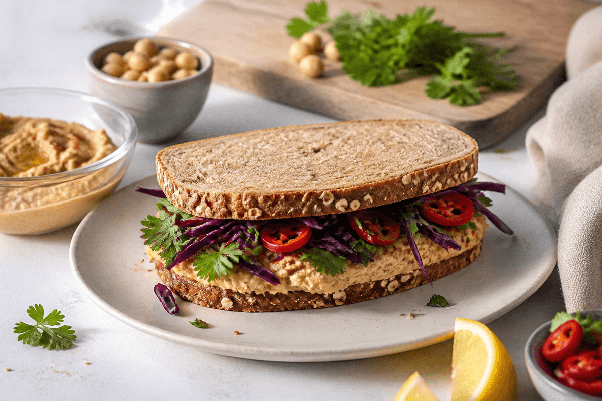Vegetarisk sandwich med chilihummus anrettet i Madblikkets lyse nordiske billedstil med rettens vigtigste råvarer tydeligt synlige