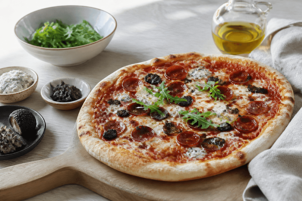 Pizza med gorgonzola, chorizo og trøffel anrettet i Madblikkets lyse nordiske billedstil med rettens vigtigste råvarer tydeligt synlige