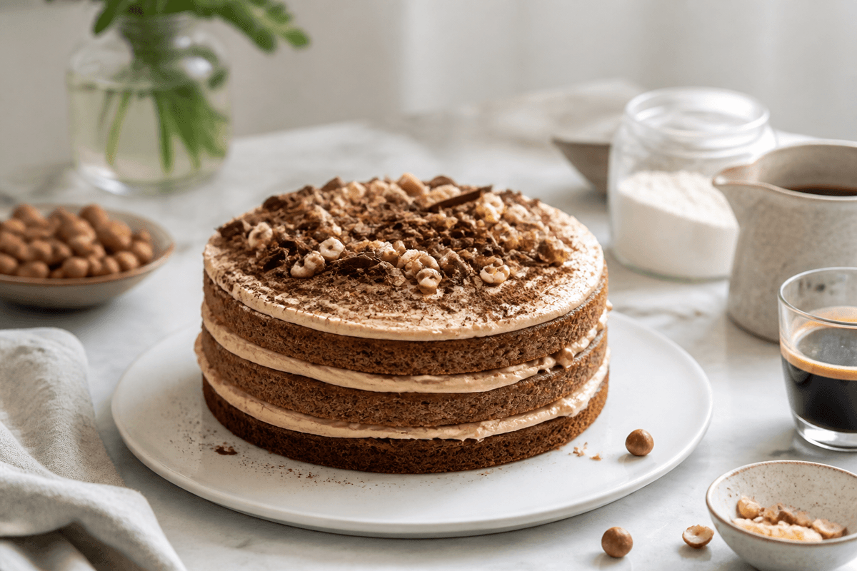 Rugbrødslagkage med kaffeganache anrettet i Madblikkets lyse nordiske billedstil med rettens vigtigste råvarer tydeligt synlige