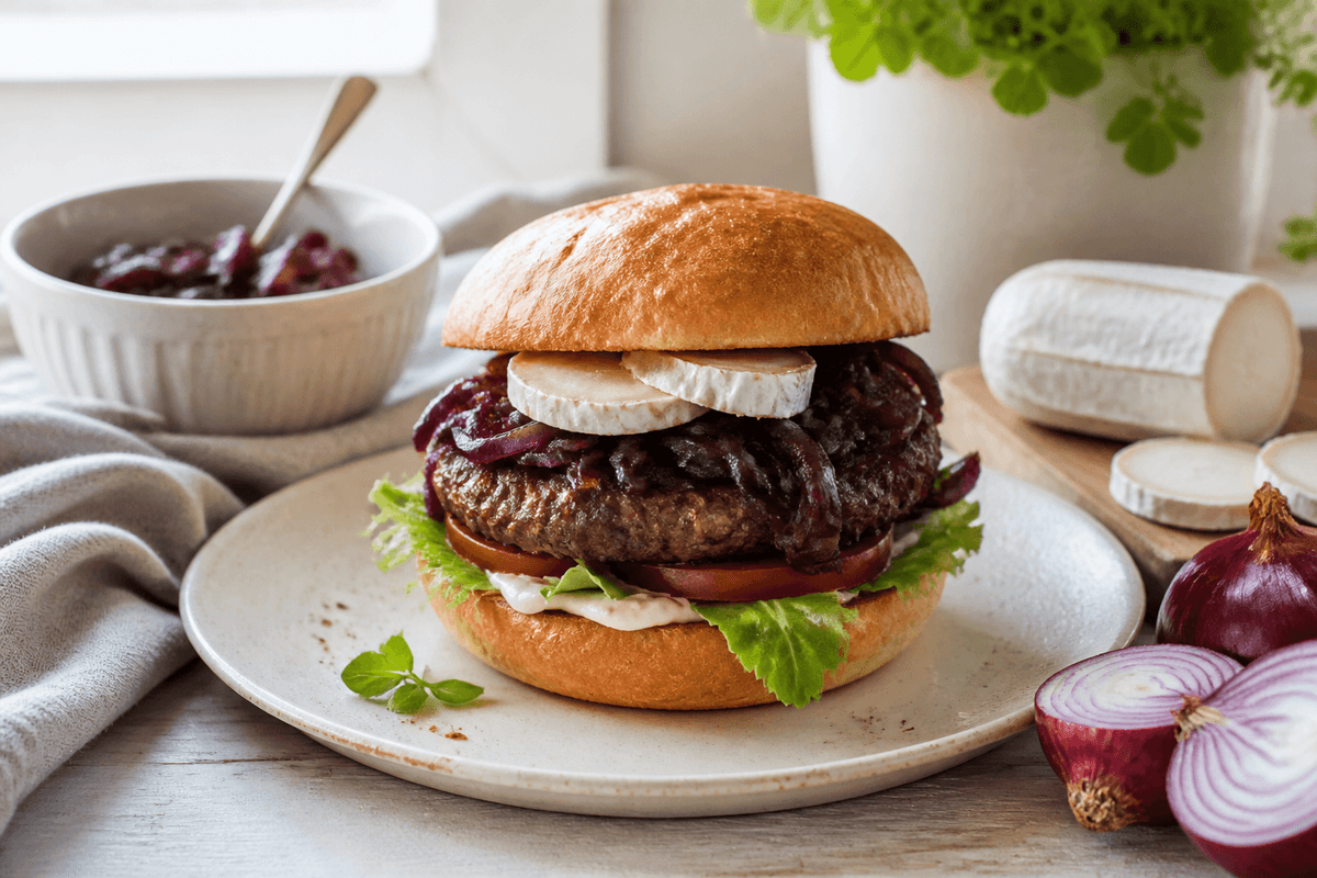 Burger med gedeost og karamelliserede rødløg anrettet i Madblikkets lyse nordiske billedstil med rettens vigtigste råvarer tydeligt synlige