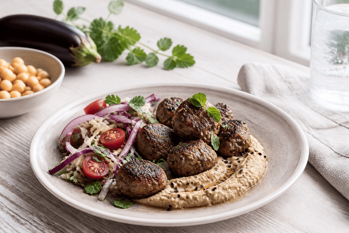 Lamme meatballs med auberginehummus anrettet i Madblikkets lyse nordiske billedstil med rettens vigtigste råvarer tydeligt synlige