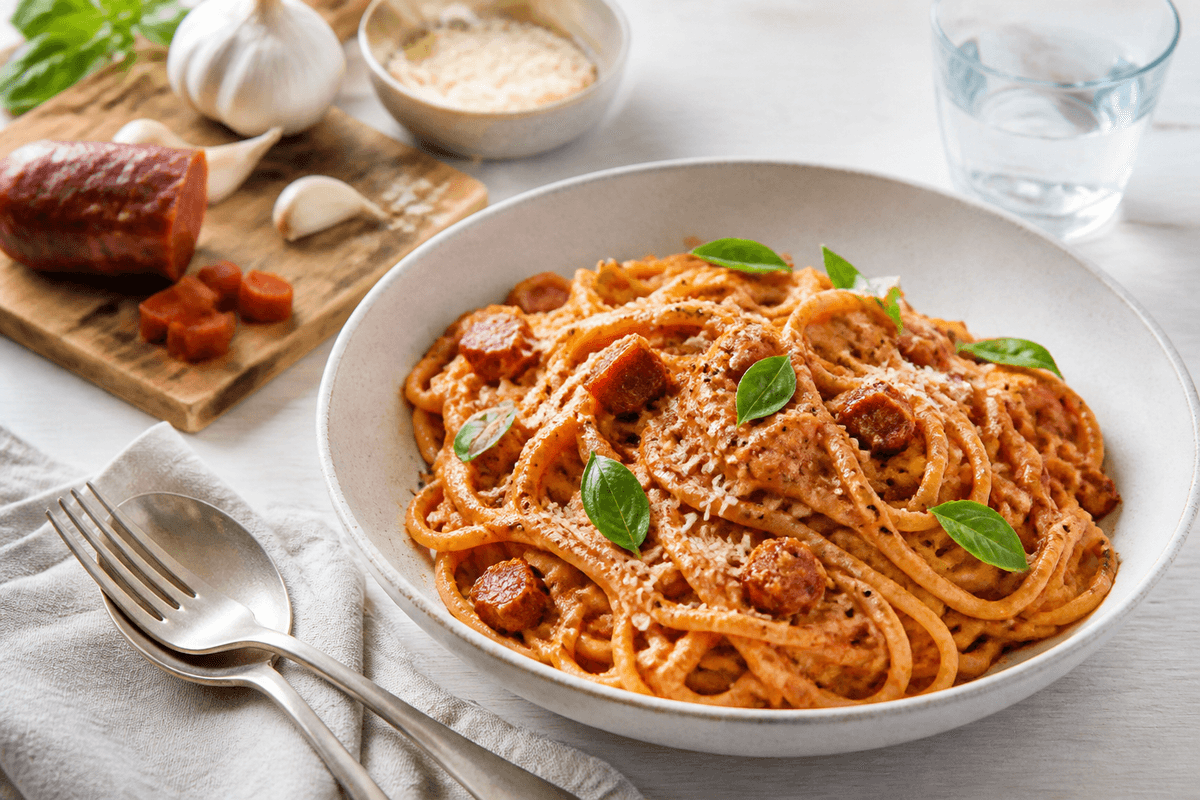 Spaghetti i mascarponesauce med chorizo anrettet i Madblikkets lyse nordiske billedstil med rettens vigtigste råvarer tydeligt synlige