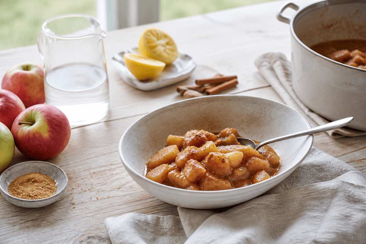 Æblekompot med varme krydderier anrettet i Madblikkets lyse nordiske billedstil med rettens vigtigste råvarer tydeligt synlige