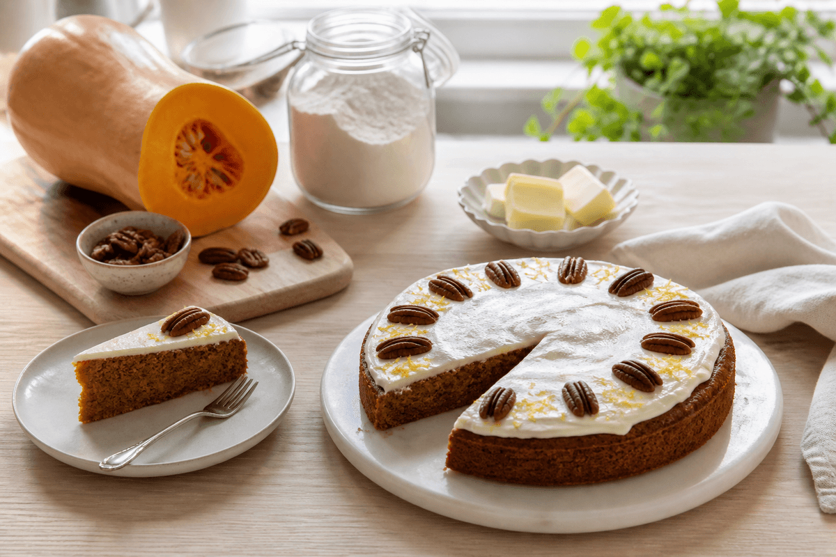 Græskarkage med creamcheese anrettet i Madblikkets lyse nordiske billedstil med rettens vigtigste råvarer tydeligt synlige