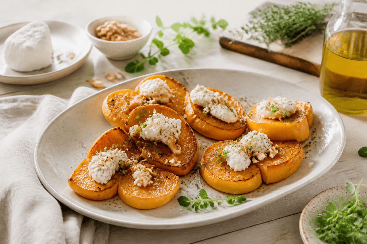 Butternut squash i ovn med friskost og urter anrettet i Madblikkets lyse nordiske billedstil med rettens vigtigste råvarer tydeligt synlige