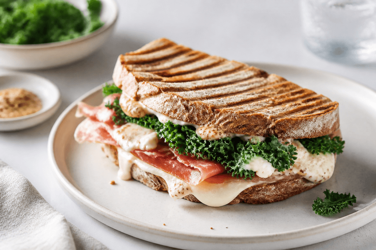 Panini med serranoskinke, mozzarella og sennepsdressing anrettet i Madblikkets lyse nordiske billedstil med rettens vigtigste råvarer tydeligt synlige