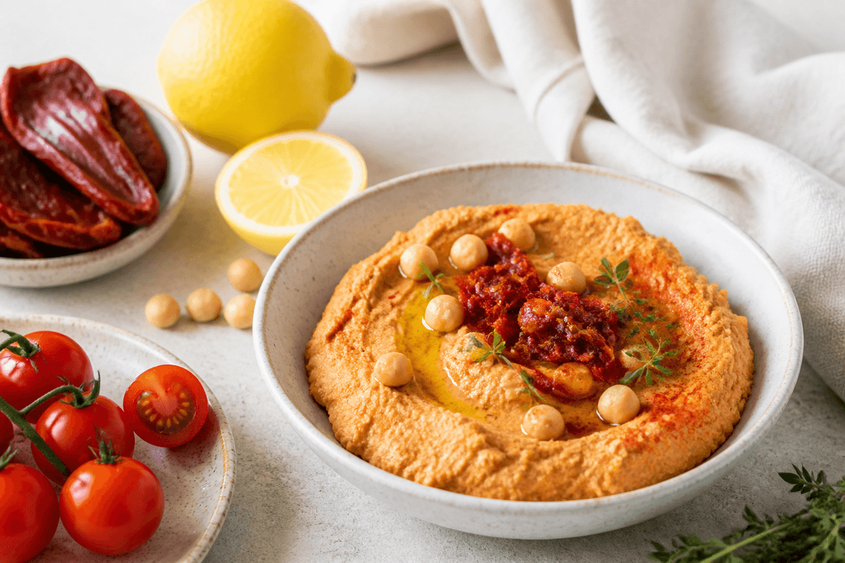 Hummus med soltørrede tomater anrettet i Madblikkets lyse nordiske billedstil med rettens vigtigste råvarer tydeligt synlige
