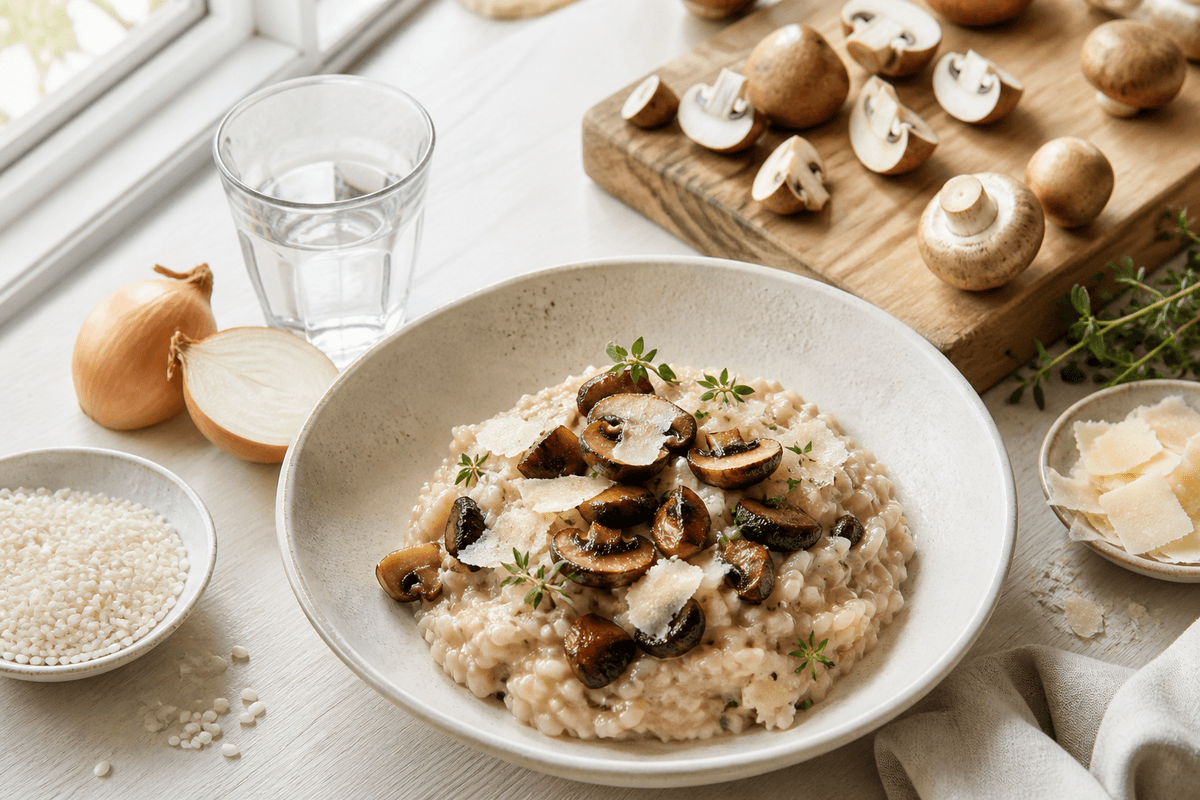 Svamperisotto med revet parmesan anrettet i Madblikkets lyse nordiske billedstil med rettens vigtigste råvarer tydeligt synlige