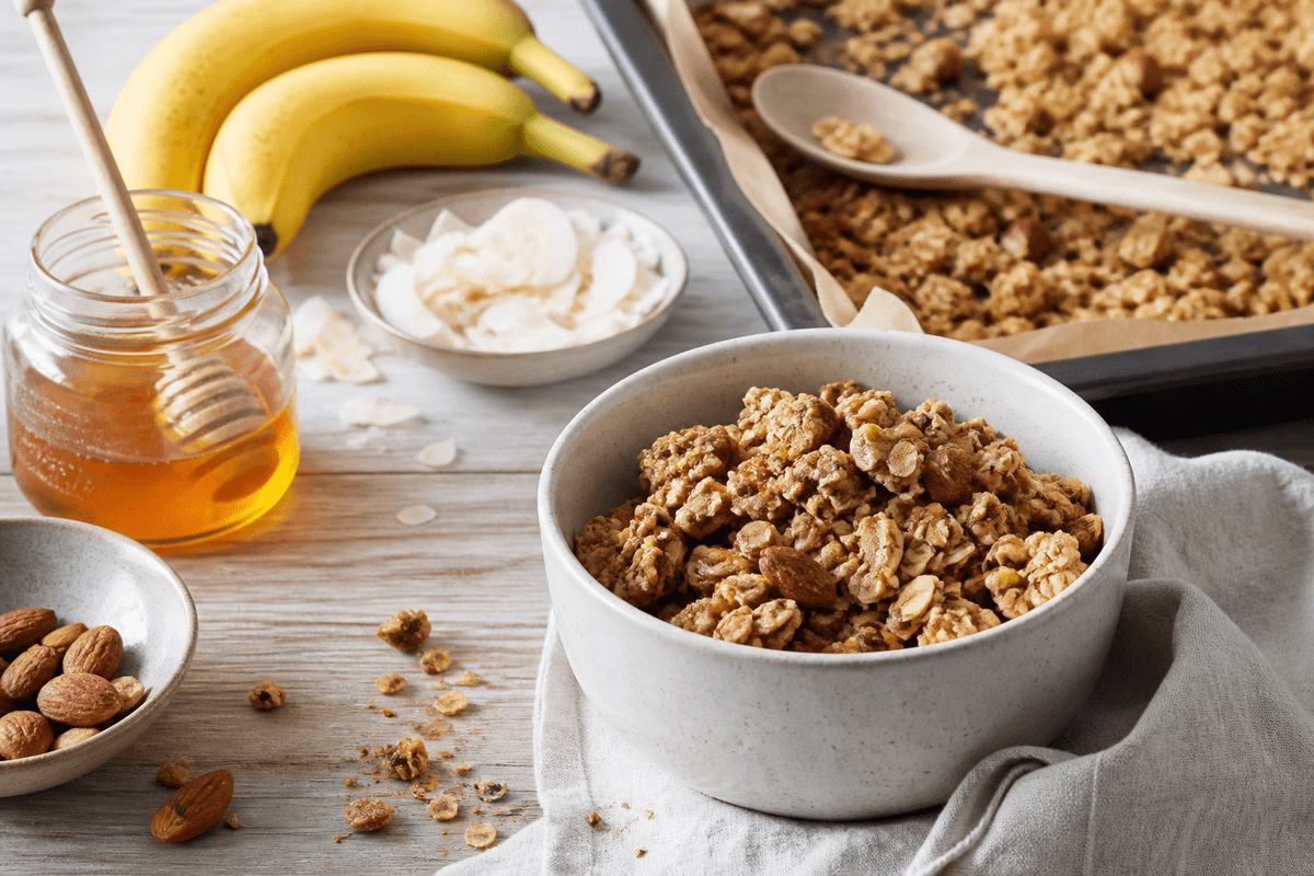 Sprød banangranola anrettet i Madblikkets lyse nordiske billedstil med rettens vigtigste råvarer tydeligt synlige