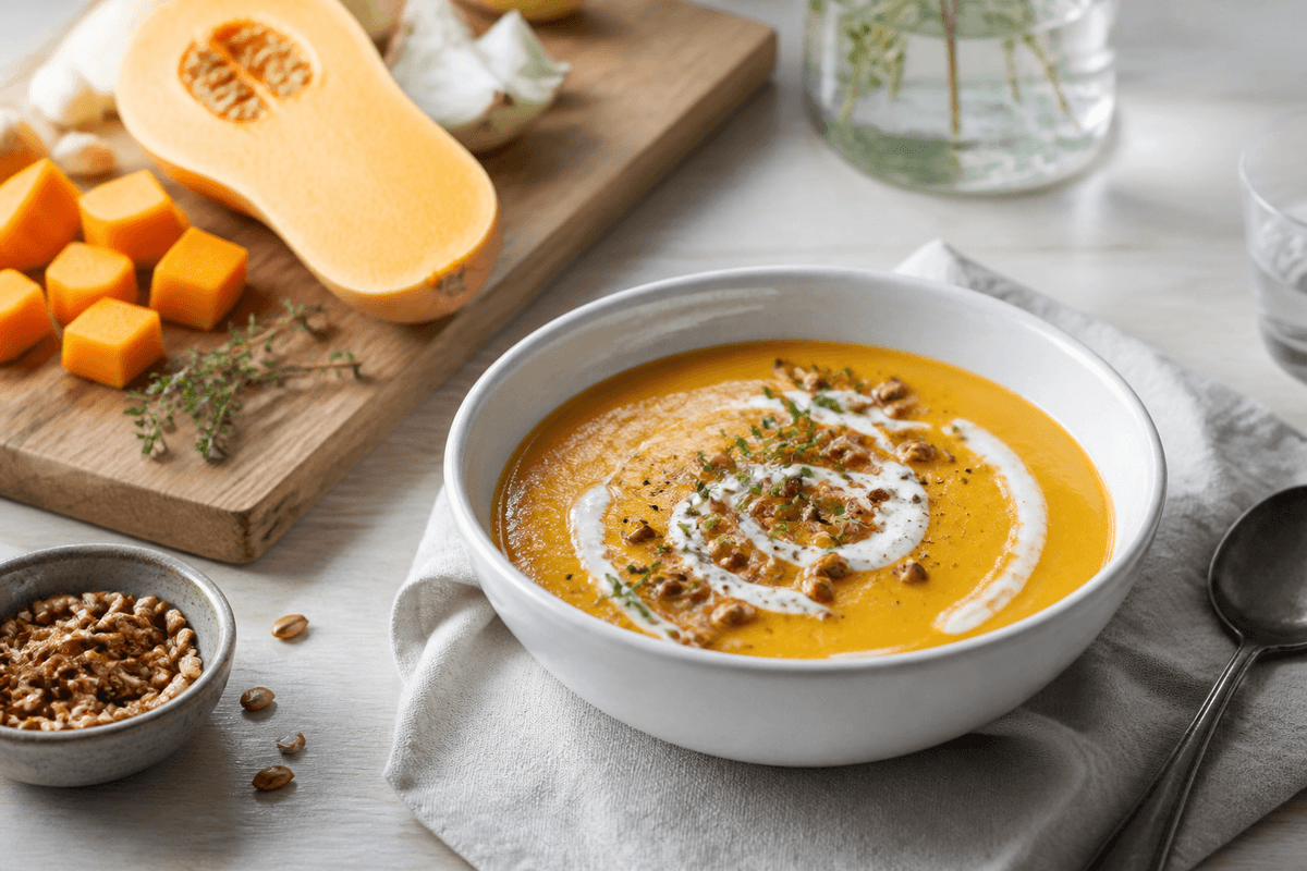 Græskarsuppe med kokosmælk anrettet i Madblikkets lyse nordiske billedstil med rettens vigtigste råvarer tydeligt synlige