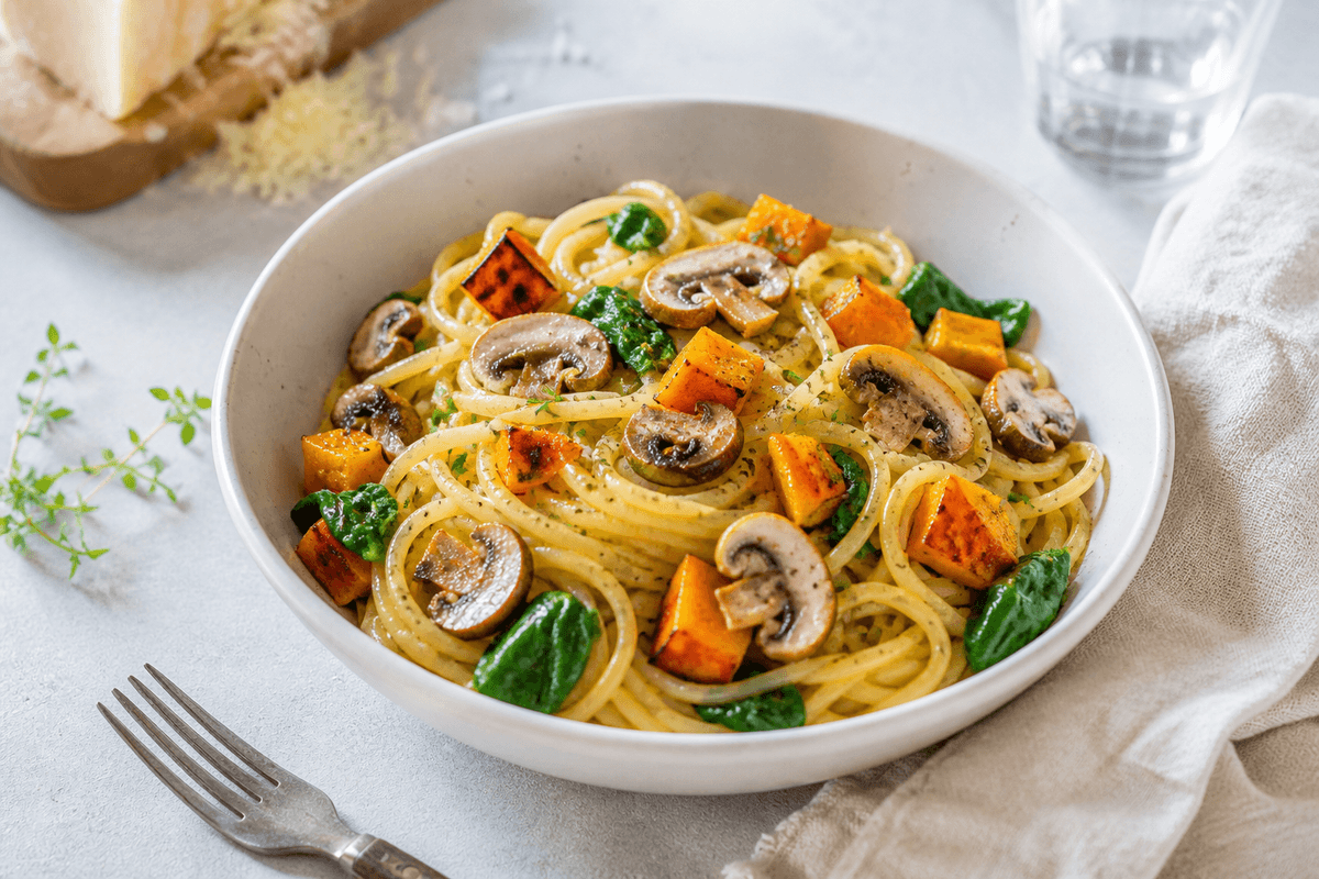 Pasta med græskar, svampe og spinat anrettet i Madblikkets lyse nordiske billedstil med rettens vigtigste råvarer tydeligt synlige
