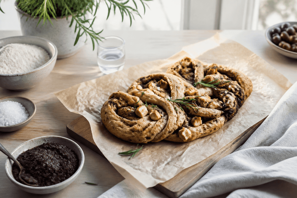 Flettet brød med oliventapenade og feta anrettet i Madblikkets lyse nordiske billedstil med rettens vigtigste råvarer tydeligt synlige